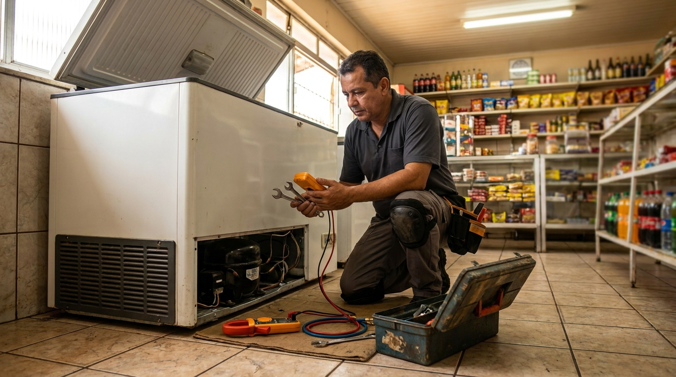 Técnico realizando manutenção de motor de freezer em Maringá‑PR