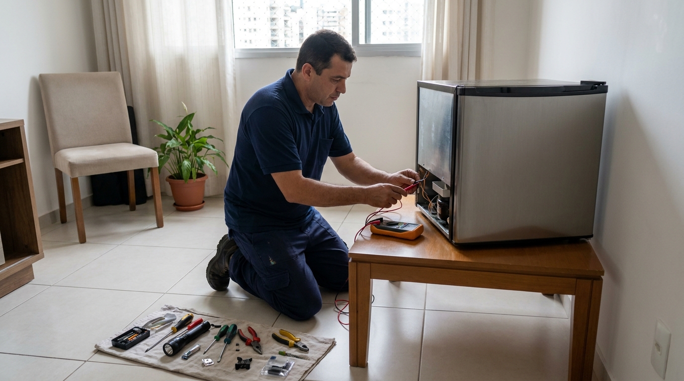 Técnico realizando manutenção de motor de frigobar na Cidade Jardim, Maringá‑PR