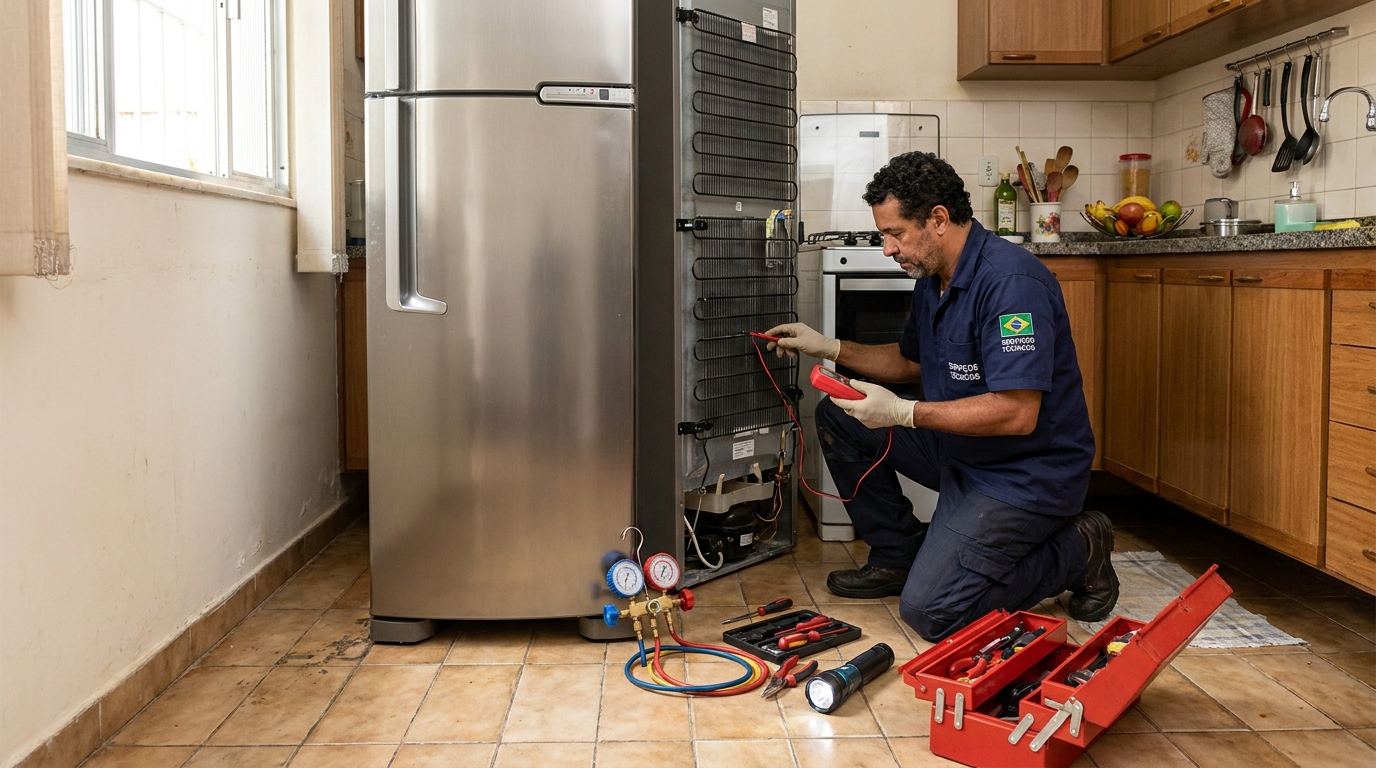 Técnico realizando manutenção de motor de geladeira na Cidade Jardim, Maringá‑PR