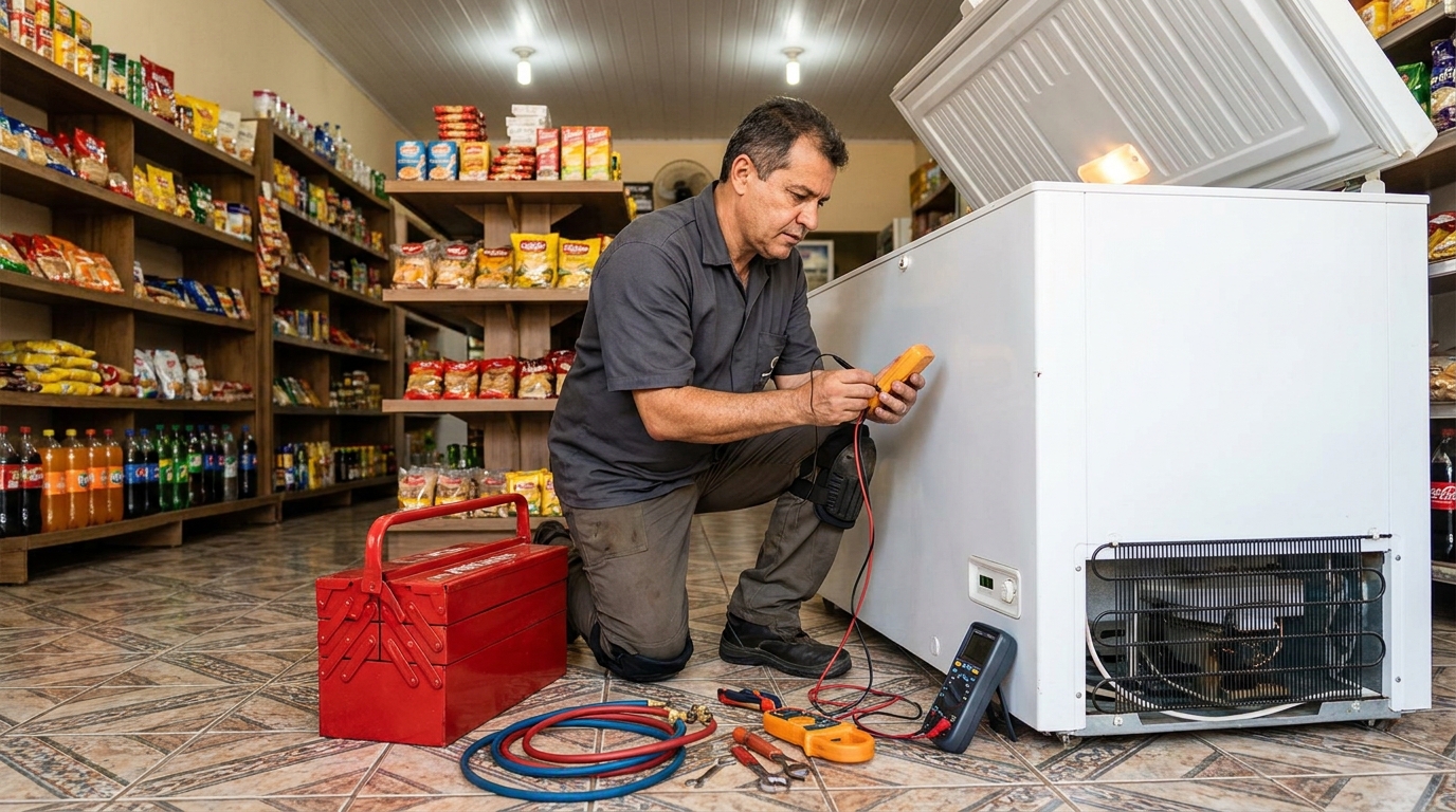 Recarga de gás refrigerante em freezer em atendimento em Maringá‑PR