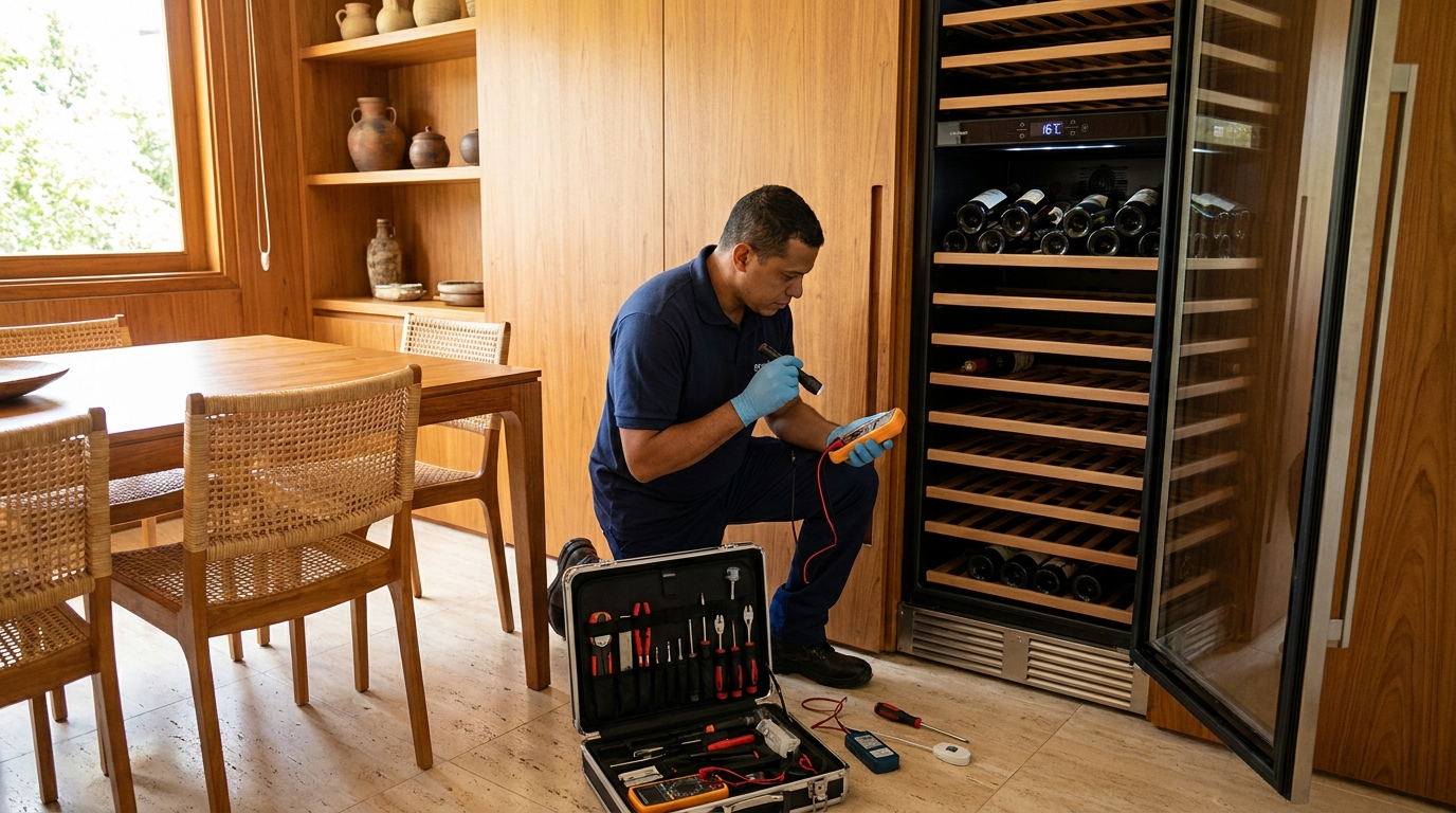 Troca de termostato de adega climatizada em atendimento técnico no Ebenezer, Maringá‑PR