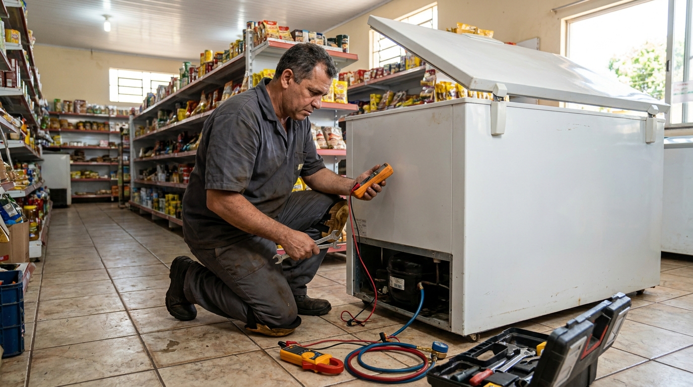 Troca de termostato de freezer em atendimento técnico em Maringá‑PR